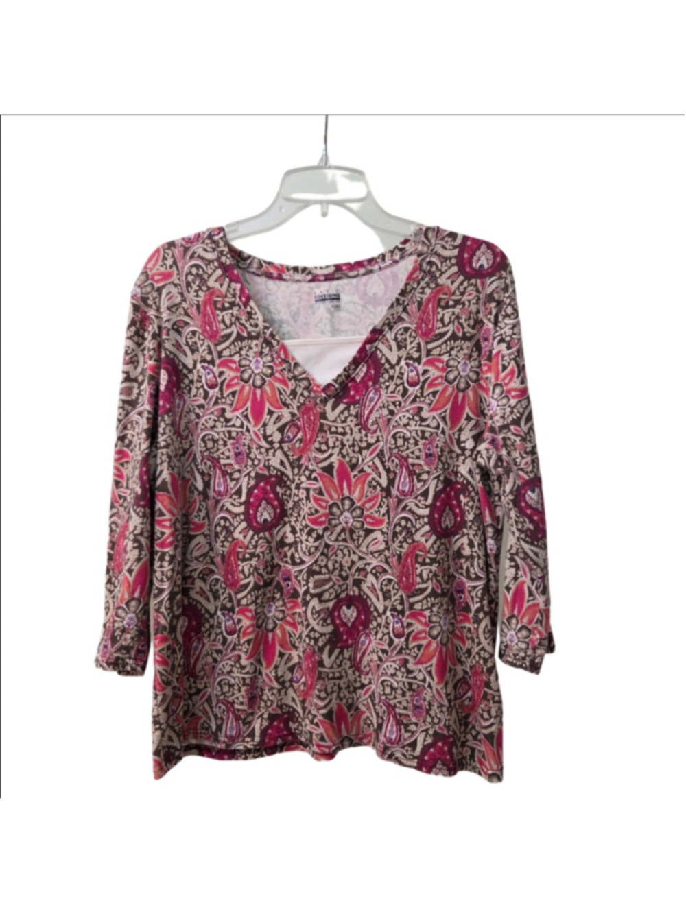 Basic Editions XL Floral Paisley V-Neck 3/4 Sleeve Top Brown, Pink, Multi-color